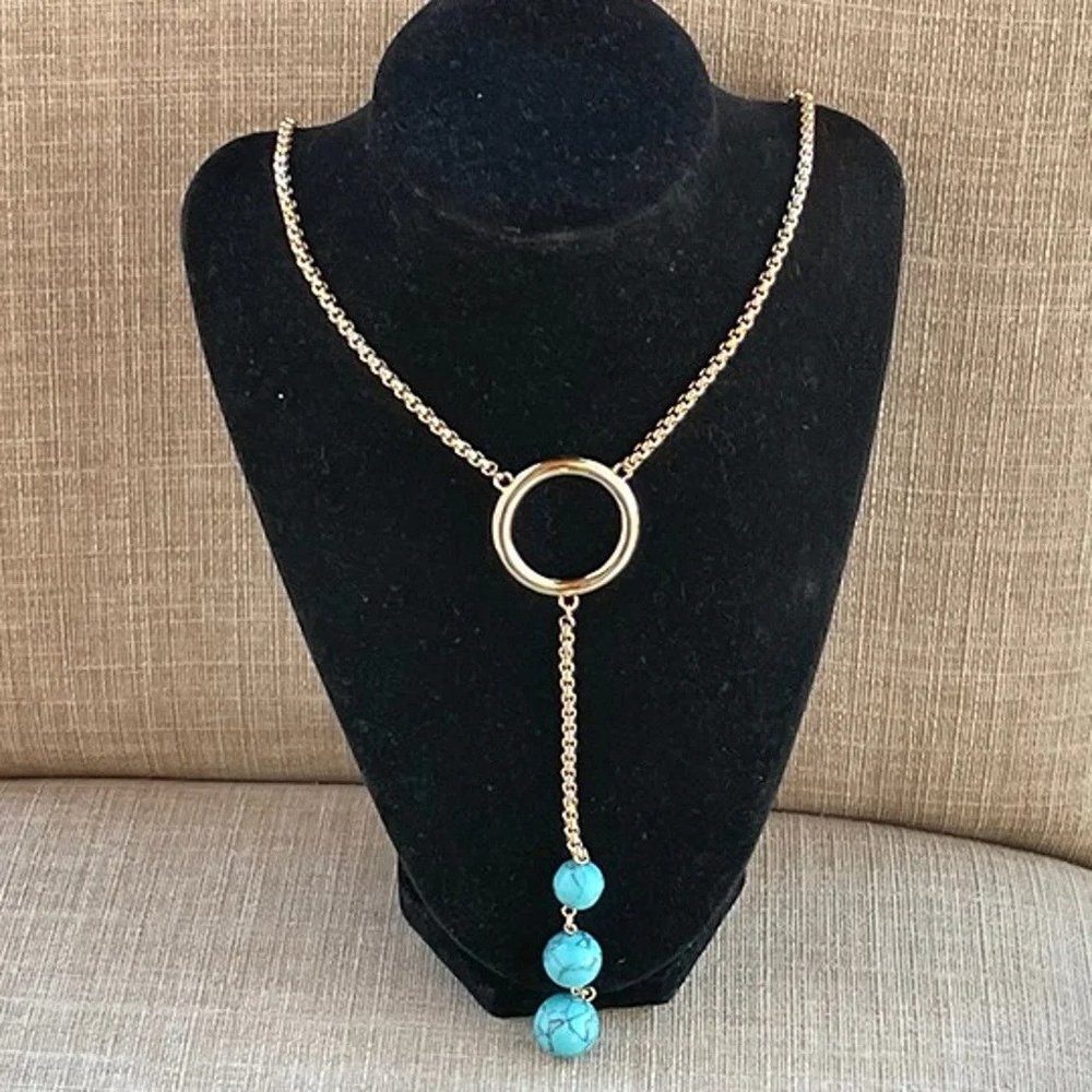Alfani Women Necklace Gold Tone Chain Blue Faux Stone Pendant Jewelry